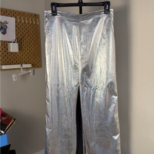 Silver Metallic Midi Skirt with Front Slit